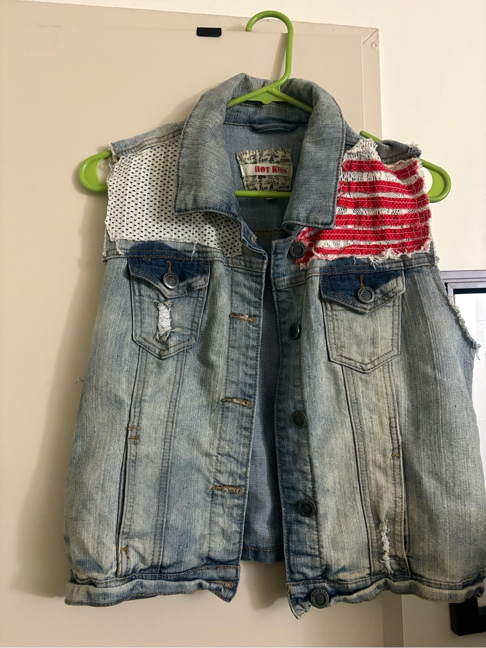 Hot Kiss Men’s Light Wash Distressed Denim Vest with Red Stripe Detail